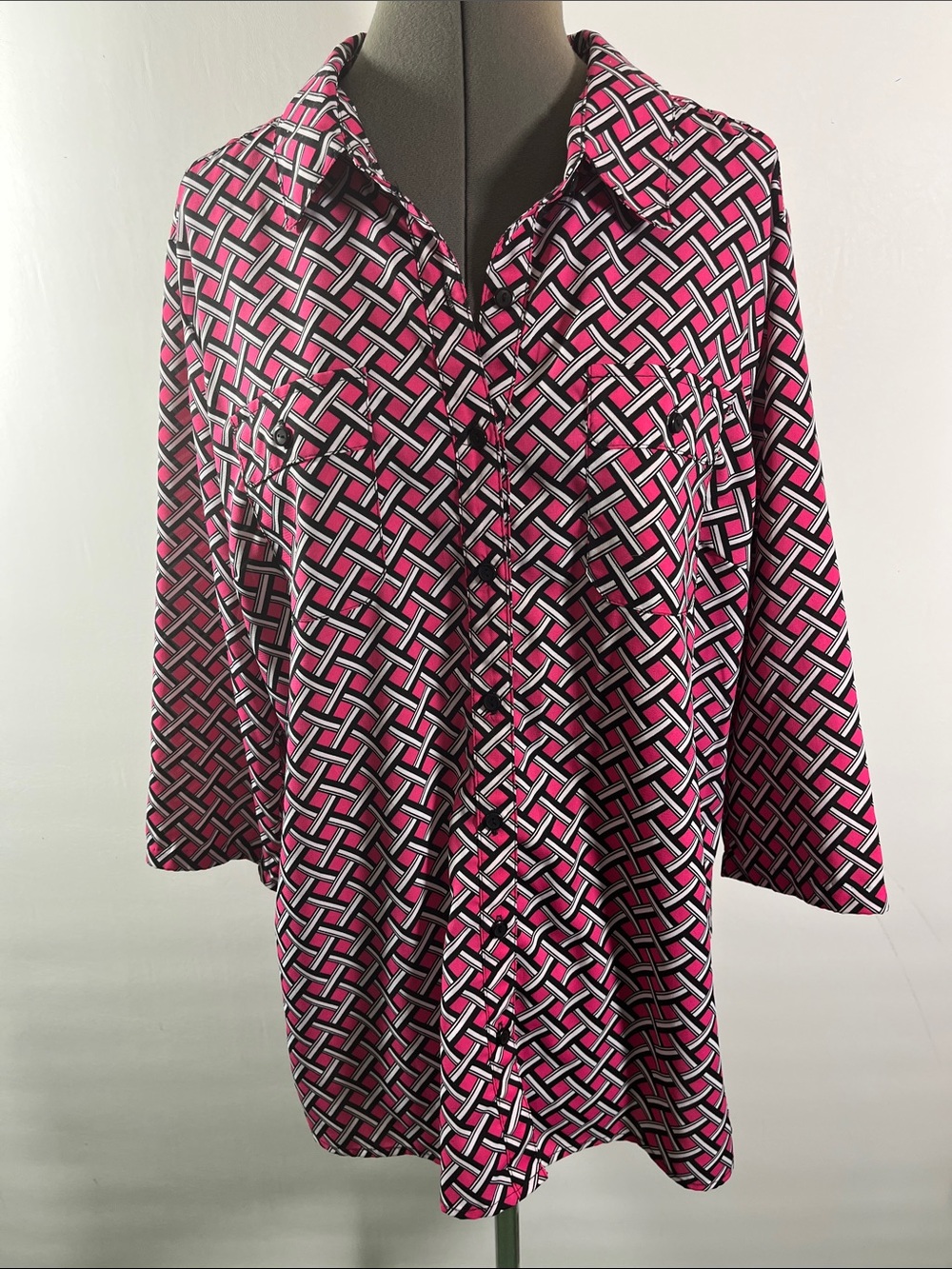 Woven Geometric Pink & Black Button-Up Blouse - Women Tops